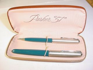 Vintage Parker 51 Pen & Mechanical Pencil Set Bluish Green With Case