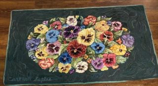 Vintage American Hand Crafted Hooked Wool Rug 50 " X 31 " Pansies Floral