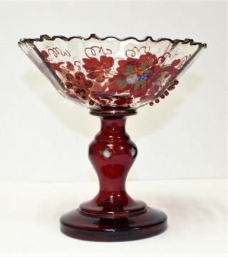 Rare Bohemian Ruby Stained Flash Cut Glass Enameled Red Beaded Gold Gilt Compote