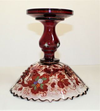 Rare Bohemian Ruby Stained Flash Cut Glass Enameled Red Beaded Gold Gilt Compote 2