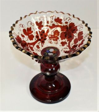 Rare Bohemian Ruby Stained Flash Cut Glass Enameled Red Beaded Gold Gilt Compote 3