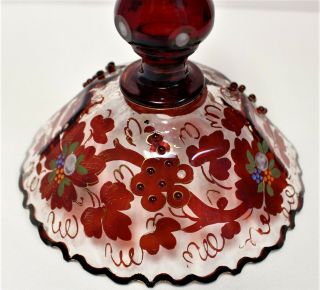 Rare Bohemian Ruby Stained Flash Cut Glass Enameled Red Beaded Gold Gilt Compote 4