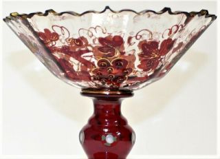 Rare Bohemian Ruby Stained Flash Cut Glass Enameled Red Beaded Gold Gilt Compote 6