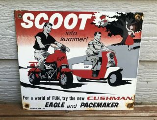 Vintage " Cushman Scooter " Porcelain Advertising Sign,  12 " X 10 ",  Dated 1958