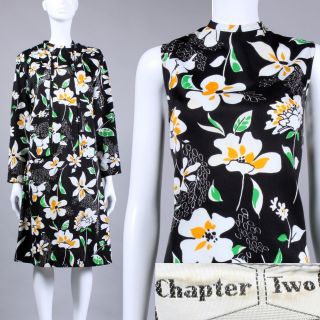 L/xl Vintage 1960s Black Psychedelic Floral Shift Dress & Jacket Set Mod 60s
