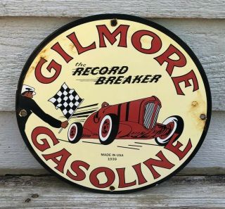 Vintage Gilmore Gasoline Porcelain Sign Gas Station Pump Plate Motor Oil Record