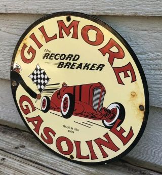 VINTAGE GILMORE GASOLINE PORCELAIN SIGN GAS STATION PUMP PLATE MOTOR OIL RECORD 3