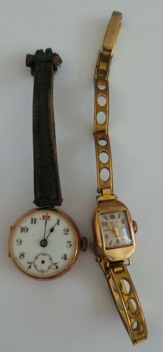 2 X Vintage Ladies 9ct Gold Cased Wrist Watches - Spares / Repairs Or Scrap