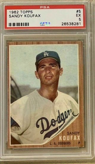 Vintage 1962 Topps Hof Los Angeles Dodgers Sandy Koufax Baseball Card Psa 5