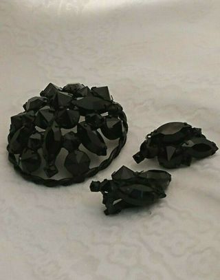 Vintage Inverted Black Rhinestone Pin Earrings Set Japanned Unsigned Schreiner