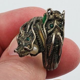 Antique Vtg Chinese Silver Dragons Bypass Ring W/ Pearl & Jade Size 9