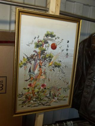 Large Vintage Japanese Artist Signed Silk Art Work Picture In Gilt Frame.