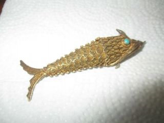 Vintage Chinese Sterling Silver Turquoise Articulated Fish Pendant Pill Box 4 "