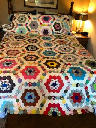 Vintage Hand Stitched Grandmothers Flower Garden Quilt Top Bright Fabrics B