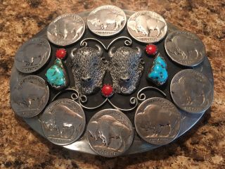 Vintage Double Buffalo Nickel Head Silver Turquoise Coral Belt Buckle