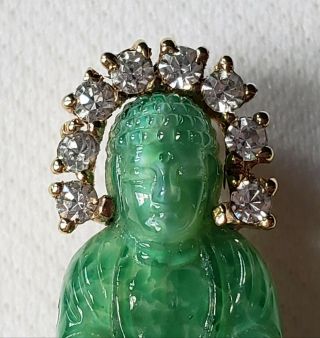 Vtg.  Jomaz Peking Glass Jade Sitting Buddha w/Clear Rhinestones Pin Brooch Rare 2