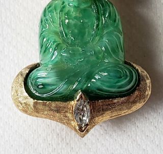 Vtg.  Jomaz Peking Glass Jade Sitting Buddha w/Clear Rhinestones Pin Brooch Rare 3