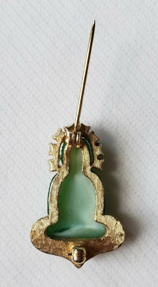 Vtg.  Jomaz Peking Glass Jade Sitting Buddha w/Clear Rhinestones Pin Brooch Rare 5