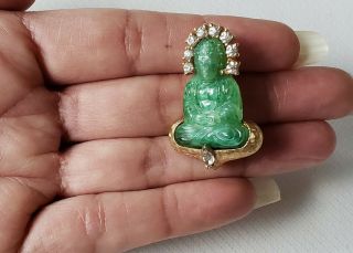 Vtg.  Jomaz Peking Glass Jade Sitting Buddha w/Clear Rhinestones Pin Brooch Rare 7