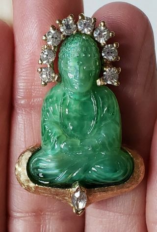 Vtg.  Jomaz Peking Glass Jade Sitting Buddha w/Clear Rhinestones Pin Brooch Rare 8