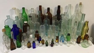 75 Vintage Antique Glass Bottles Liquor Medicine Miniatures Brown Aqua Cobalt