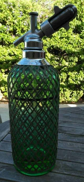 Lg.  Vintage Czech Soda Siphon Seltzer Bottle,  Green,  Pewter Mesh,  Mid Century