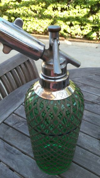 LG.  VINTAGE CZECH SODA SIPHON SELTZER BOTTLE,  GREEN,  PEWTER MESH,  MID CENTURY 8