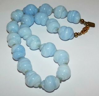 Vintage Signed Kenneth Lane Kjl Blue Molded Art Glass Bead Necklace Beaded