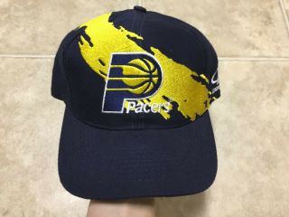 Vintage 90s Indiana Pacers Logo Athletic Paint Splash Snapback Hat Nba Wool Blue