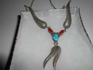 Vintage R Wylie Coral And Turquoise Sterling Silver Navajo Necklace
