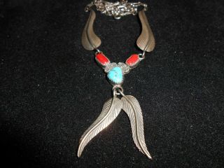 VINTAGE R WYLIE CORAL AND TURQUOISE STERLING SILVER NAVAJO NECKLACE 2