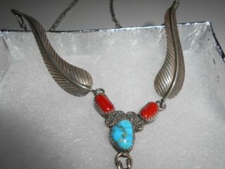VINTAGE R WYLIE CORAL AND TURQUOISE STERLING SILVER NAVAJO NECKLACE 3