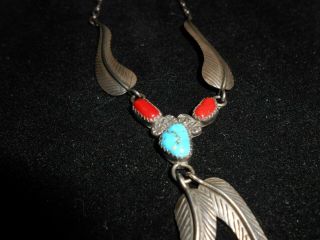 VINTAGE R WYLIE CORAL AND TURQUOISE STERLING SILVER NAVAJO NECKLACE 4