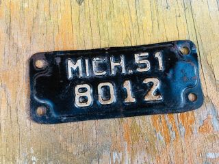 1951 Vintage Michigan Motorcycle License Plate : 8012