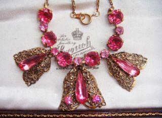 Vintage Czech Filigree Glorious Vivid Pink Paste Gold Filigree Art Deco Necklace