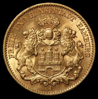 1913 - J Germany Hamburg 10 Mark Gold Coin - Bu Unc - Rare Key Date - Km 608