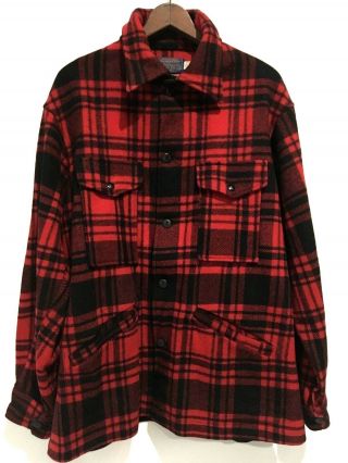 Vintage Pendleton Wool Red Black Plaid Mackinaw Shirt Hunting Jacket Mens Large