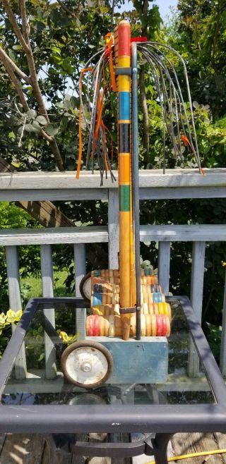 Vintage 50 ' s South Bend Lawnplay Wood Croquet Set 6 Player with Wheeled Cart 4
