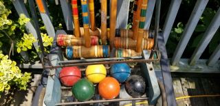 Vintage 50 ' s South Bend Lawnplay Wood Croquet Set 6 Player with Wheeled Cart 7