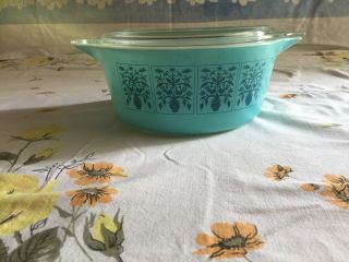 Vintage Pyrex Turquoise " Saxony " Tree Of Life Covered Casserole Very Good Condit