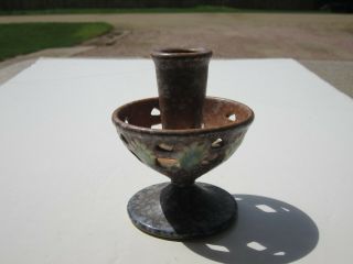 Vtg Roseville Pottery Spotty Brown With Green Ferrella Candle Stick Holder