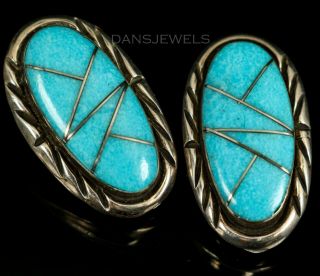 Old Pawn Vintage Zuni Turquoise Flush Inlay 1970 ' s CLIP ON Triangle Earrings 2
