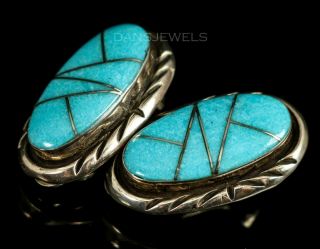 Old Pawn Vintage Zuni Turquoise Flush Inlay 1970 ' s CLIP ON Triangle Earrings 3