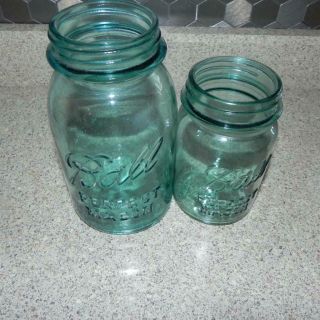 01165 Vintage Perfect Mason Ball Jars Quart 13 & Pint 13 Cannig Blue Glass