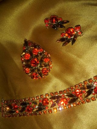 Vintage Bold Orange Autumn Rhinestone Bracelet Brooch Earring Parure Wear Repair