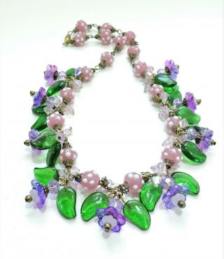 Vintage Pink Purple Green Flowers Lampwork Art Glass Bead Necklace Jn193786
