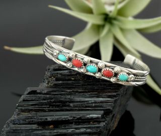 Vtg Sterling Silver Navajo Turquoise & Red Coral Cuff Bracelet