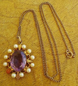 Vintage 9ct Gold Pendant Amethyst? & Pearls Chain Necklace Scrap? Hallmarked 10g