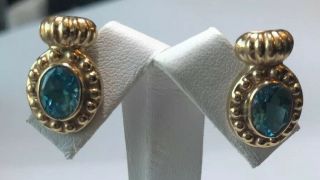Ladies 14k Yellow Gold Oval Blue Topaz Earrings 4.  5 Grams Vintage Real Gold