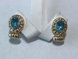Ladies 14k Yellow Gold Oval Blue Topaz Earrings 4.  5 Grams Vintage Real Gold 2